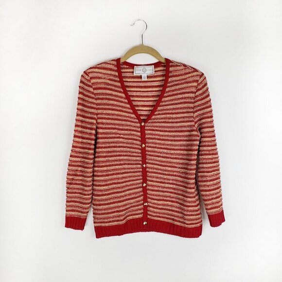 St. John Sport Holiday Cardigan Wool Blend Sweater Red Gold Stripe V-Neck XS - Picture 9 of 9